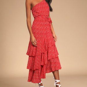 Red Floral Print One-Shoulder Midi Dress